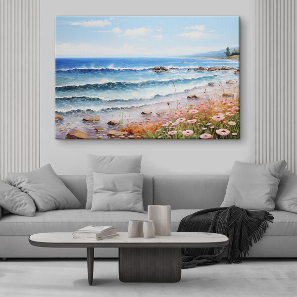 Cuadros Cuadro de una playa con flores y olas (SKU: s42569) Cuadros Cuadros Cuadro de una playa con flores y olas (SKU: s42569)