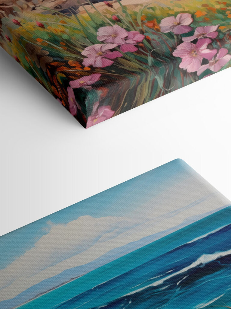 Painting of a beach with flowers and waves