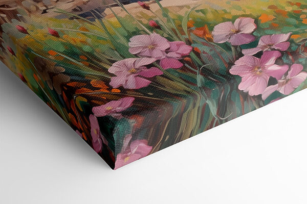 Painting of a beach with flowers and waves