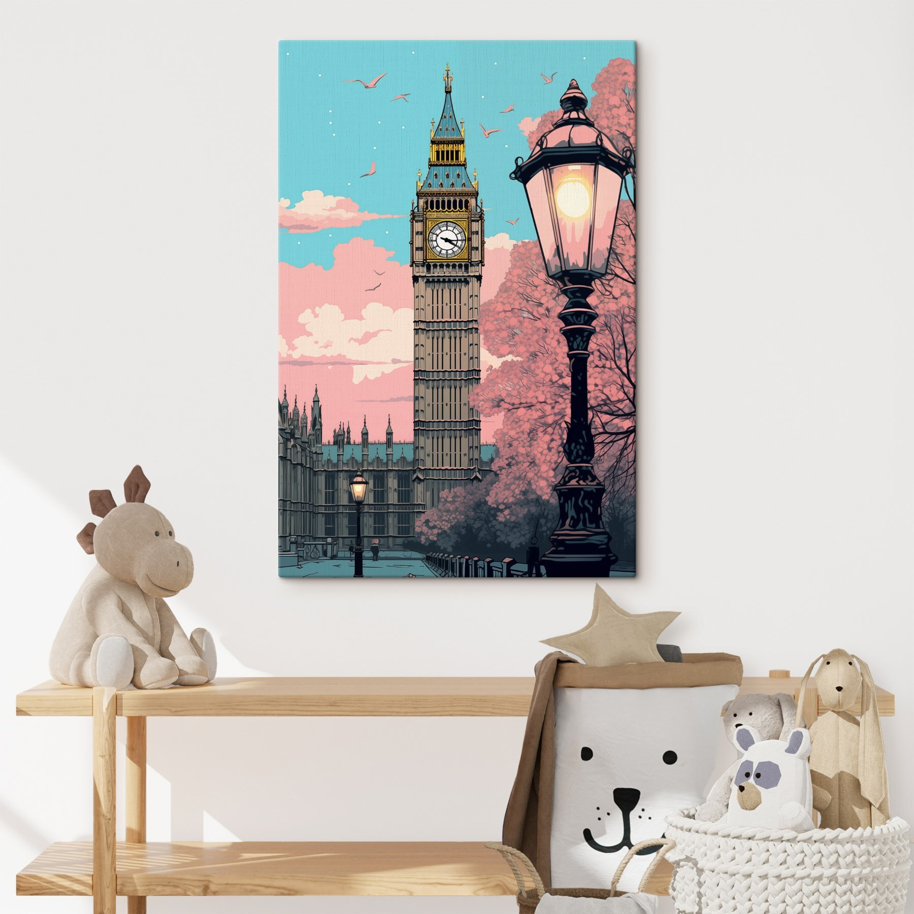 Clock tower with a lamp post and trees