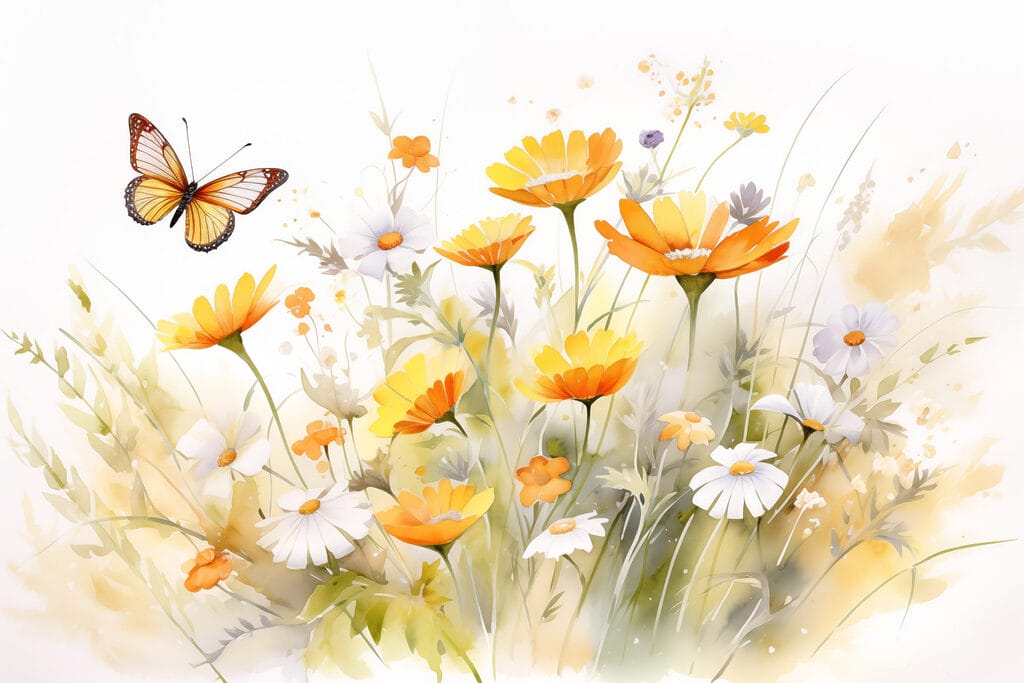 Butterfly flying over a yellow and white flowers Butterfly flying over a yellow and white flowers