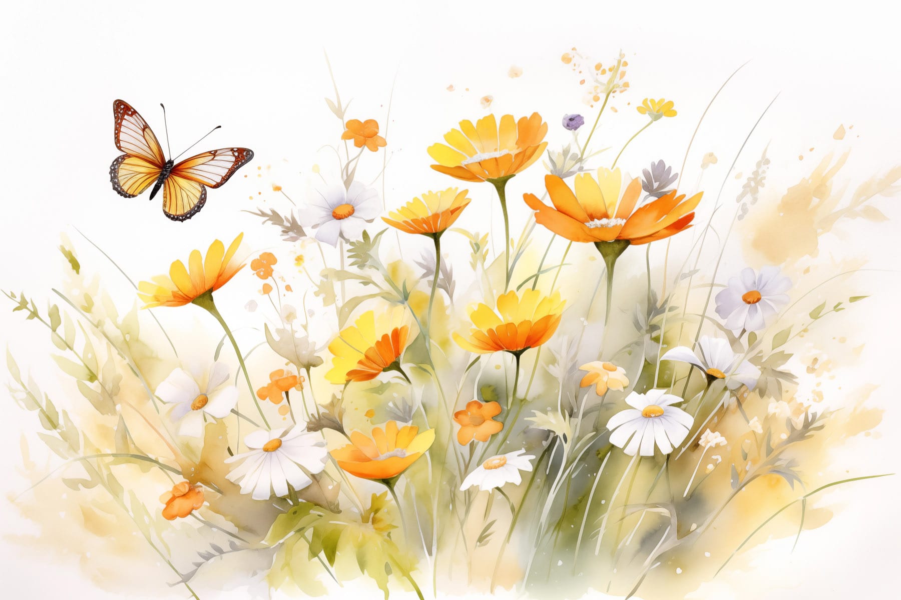 Butterfly flying over a yellow and white flowers Butterfly flying over a yellow and white flowers