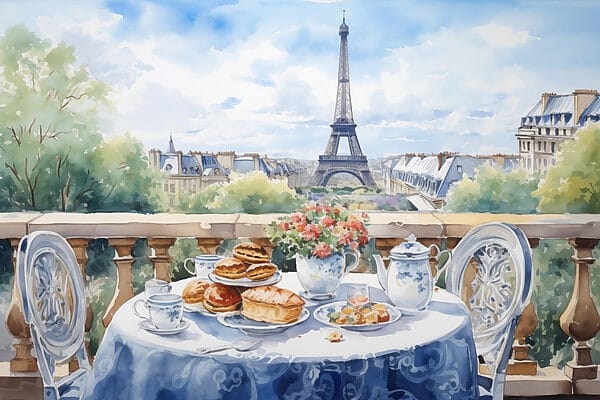 Watercolor painting of a table with food on it Watercolor painting of a table with food on it