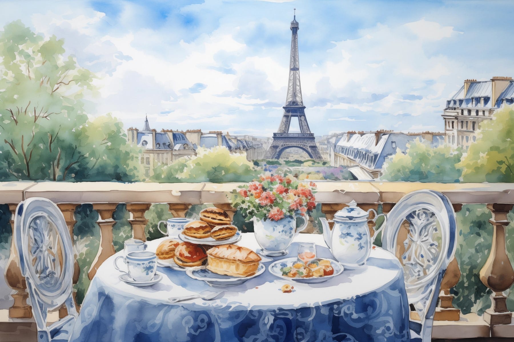 Watercolor painting of a table with food on it Watercolor painting of a table with food on it