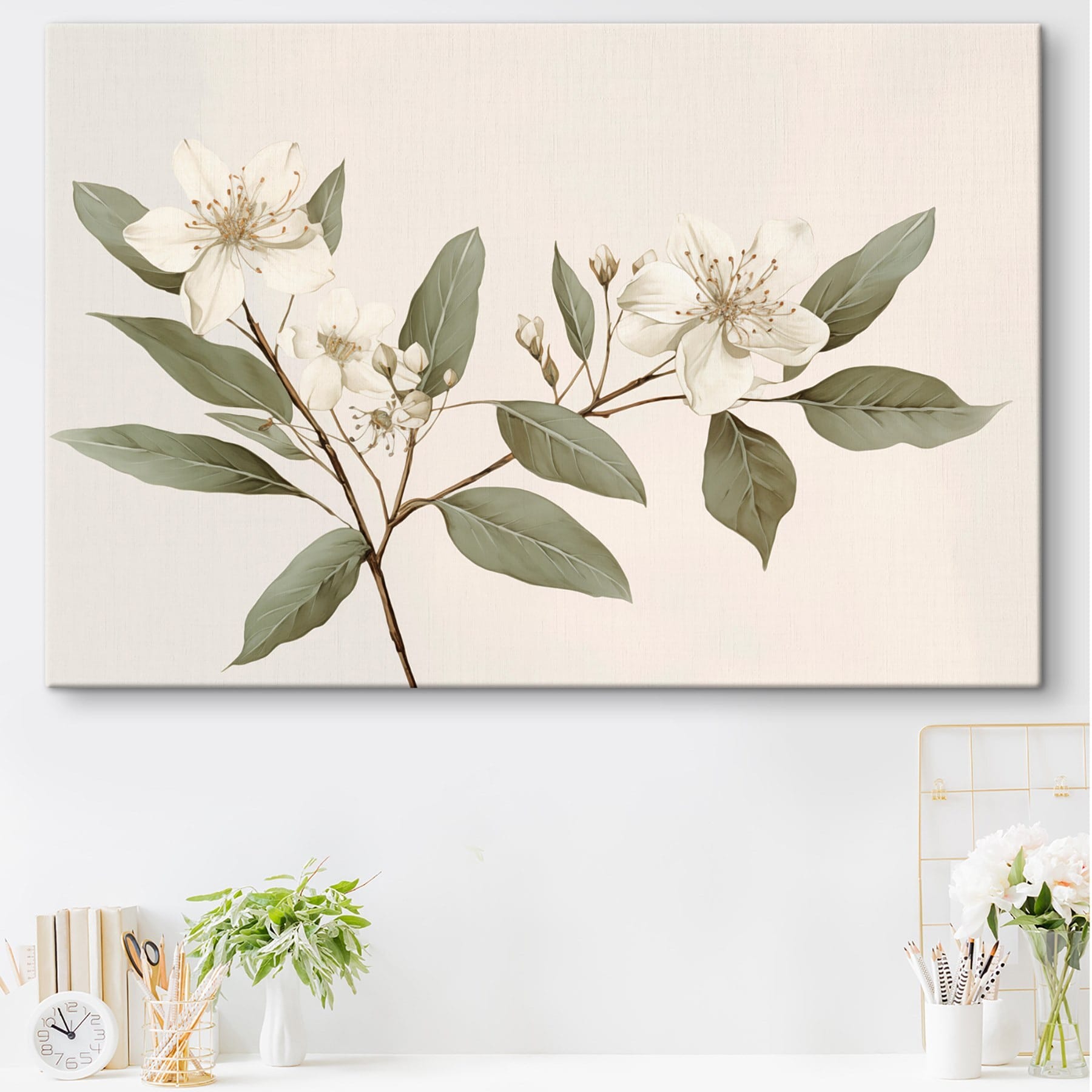 White flowers and leaves on a branch White flowers and leaves on a branch