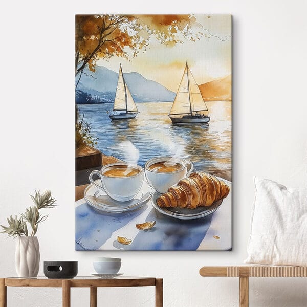 Cuadros Acuarela de dos tazas de café y un croissant sobre una mesa (SKU: s42442) Cuadros Cuadros Acuarela de dos tazas de café y un croissant sobre una mesa (SKU: s42442)