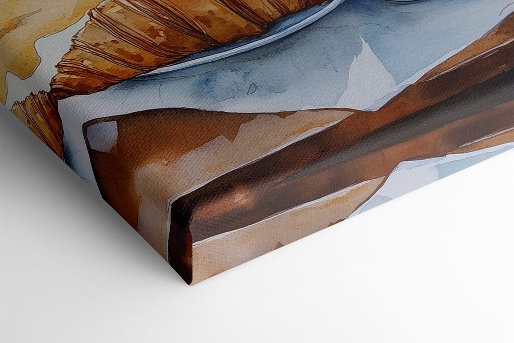 Watercolor painting of a table with coffee and croissants Watercolor painting of a table with coffee and croissants