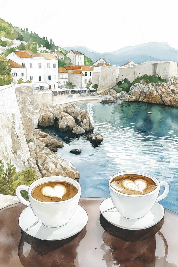 Two cups of coffee with a heart shaped foam on top of a table overlooking a body of water