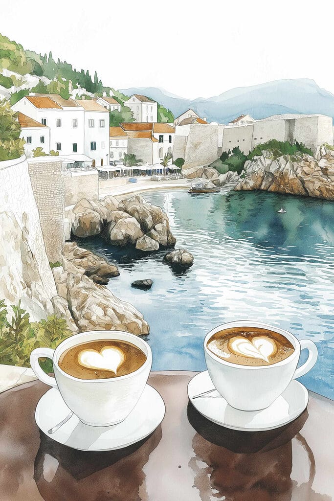 Two cups of coffee with a heart shaped foam on top of a table overlooking a body of water