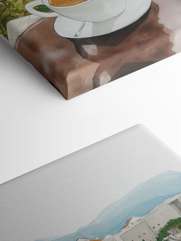 Two cups of coffee with a heart shaped foam on top of a table overlooking a body of water