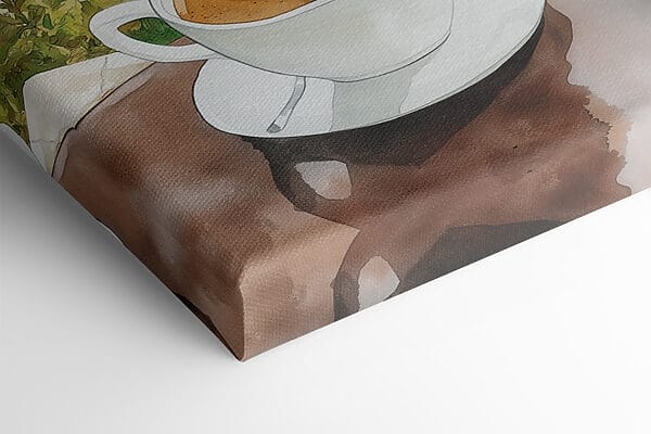 Two cups of coffee with a heart shaped foam on top of a table overlooking a body of water