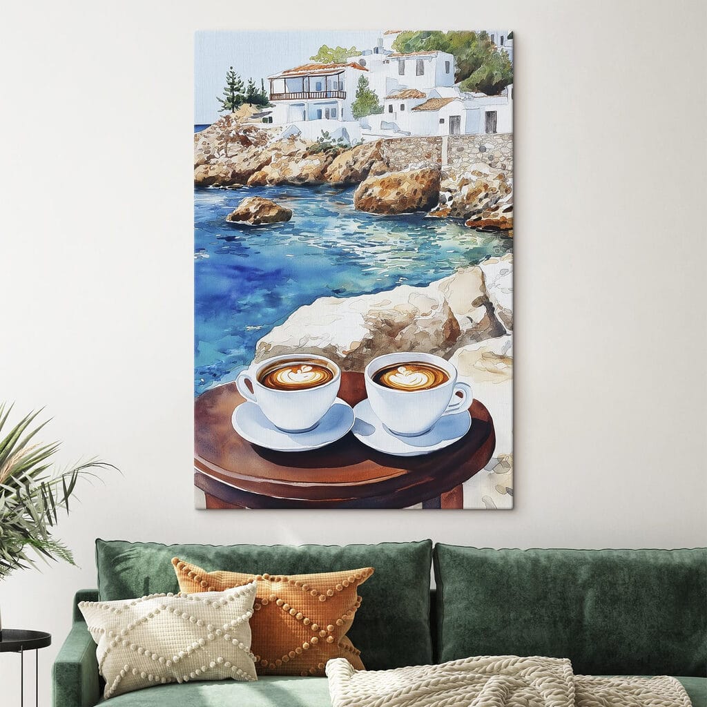 Two cups of coffee on a table next to a body of water Two cups of coffee on a table next to a body of water