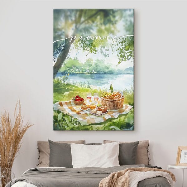 Cuadros Acuarela que representa un picnic con comida y vino sobre una manta a orillas de un lago (SKU: s42450) Cuadros Cuadros Acuarela que representa un picnic con comida y vino sobre una manta a orillas de un lago (SKU: s42450)