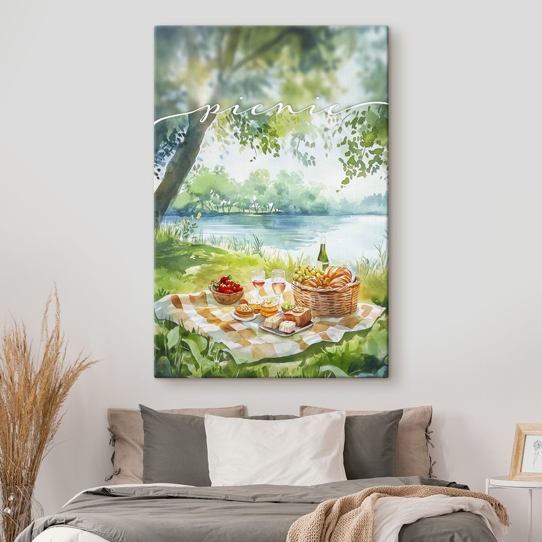 Watercolor painting of a picnic with food and wine on a blanket by a lake Watercolor painting of a picnic with food and wine on a blanket by a lake