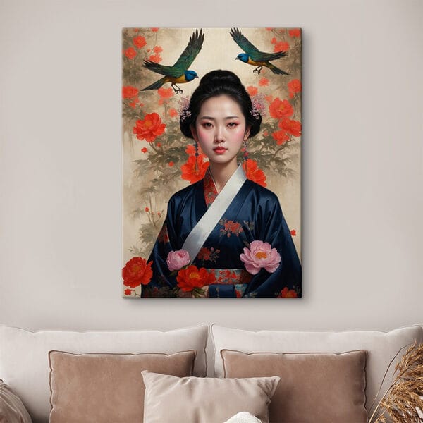 Woman in a kimono with flowers and birds Woman in a kimono with flowers and birds