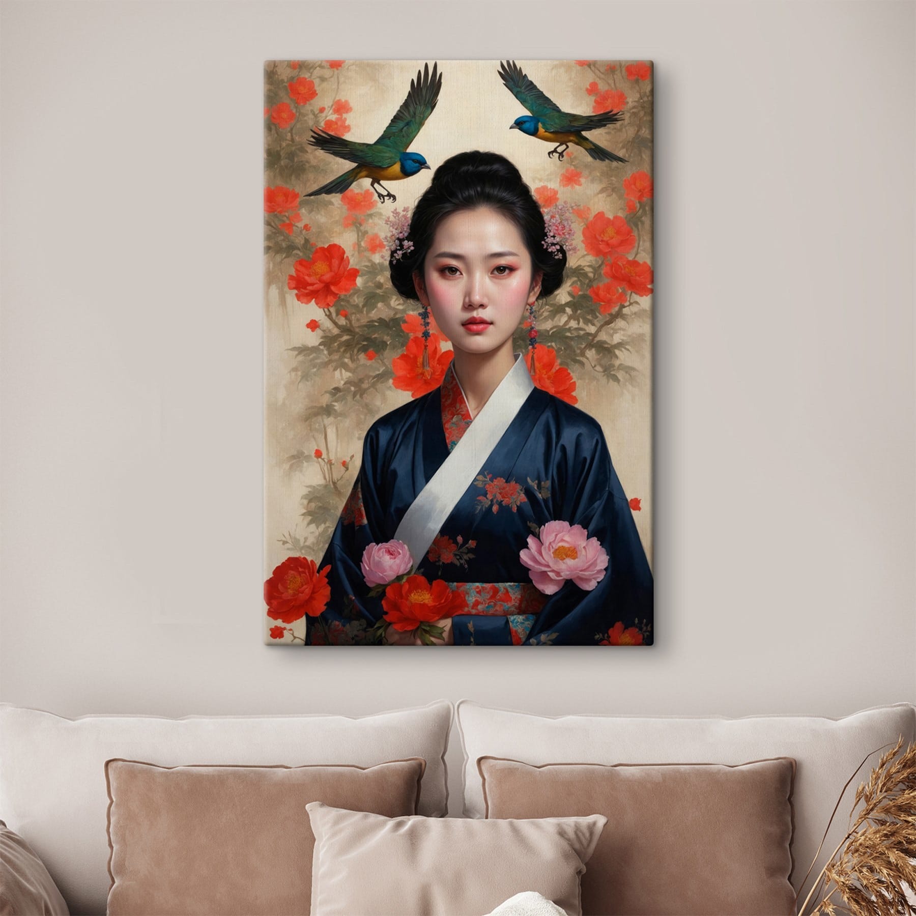 Woman in a kimono with flowers and birds Woman in a kimono with flowers and birds
