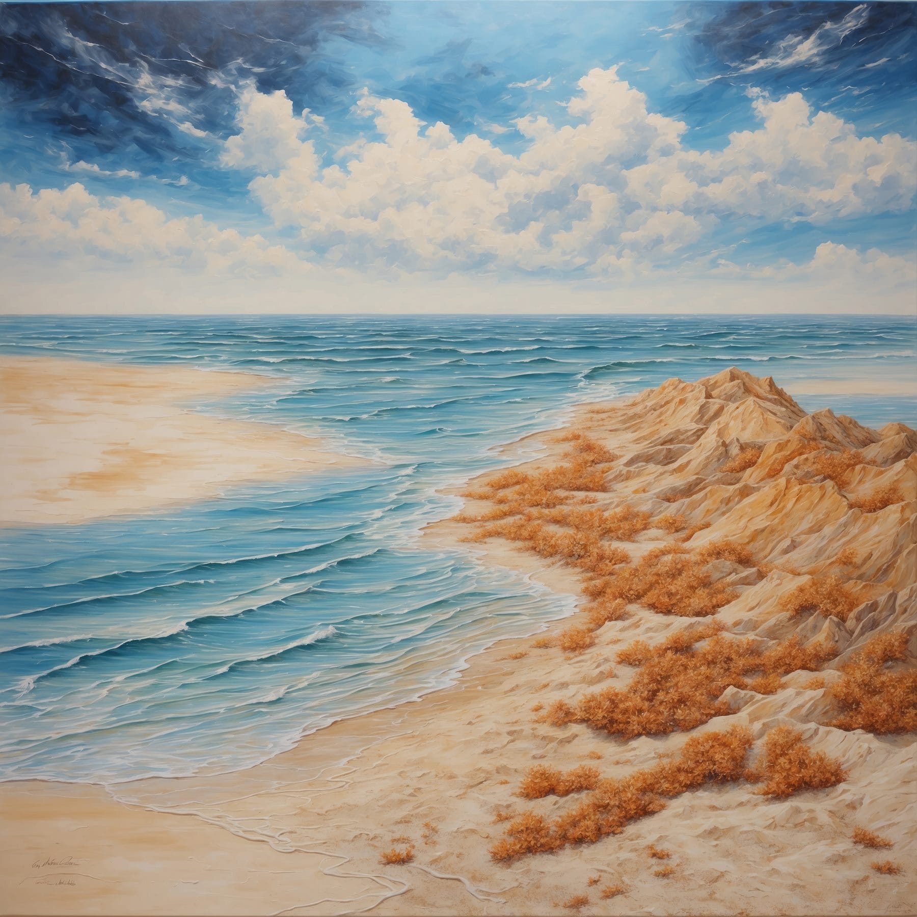 Painting of a beach with sand and water Painting of a beach with sand and water