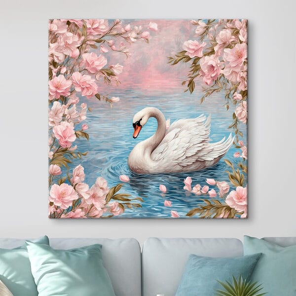 Swan swimming in water with pink flowers