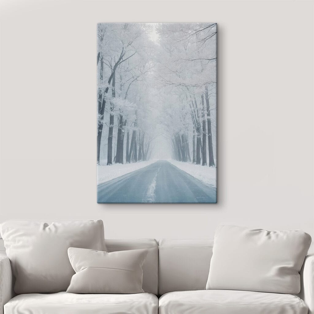 Road with snow covered trees Road with snow covered trees