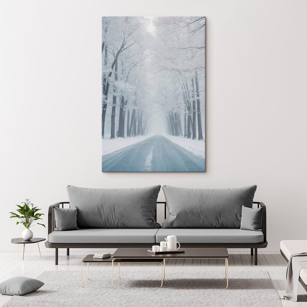 Road with snow covered trees Road with snow covered trees