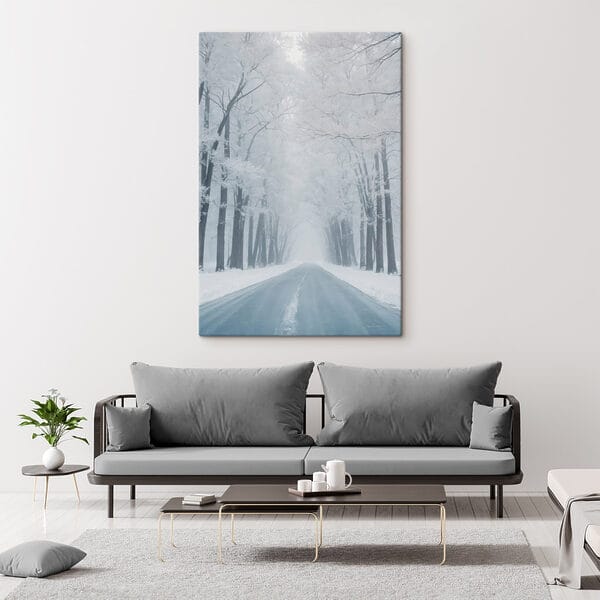 Road with snow covered trees Road with snow covered trees