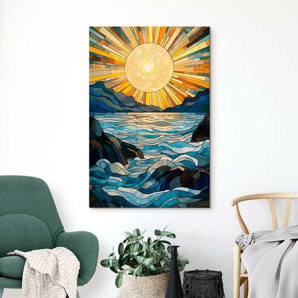 Stained glass window with a sun over a river