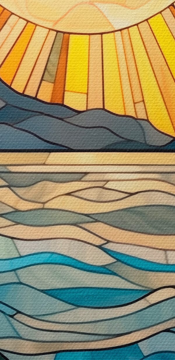 Stained glass window with a sun over a river