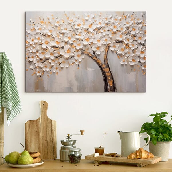 Painting of a tree with white flowers Painting of a tree with white flowers