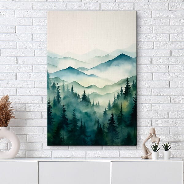 Painting of a mountain range with trees and fog