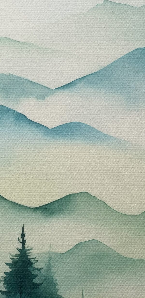 Painting of a mountain range with trees and fog
