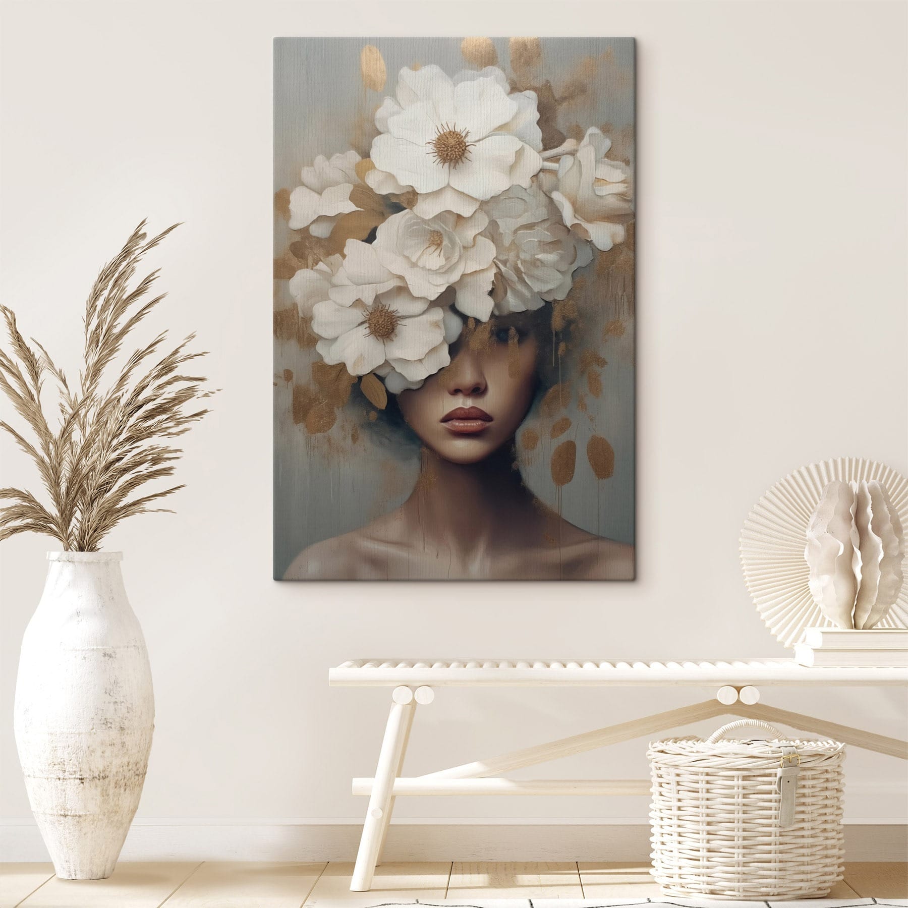 Painting of a woman with flowers on her head