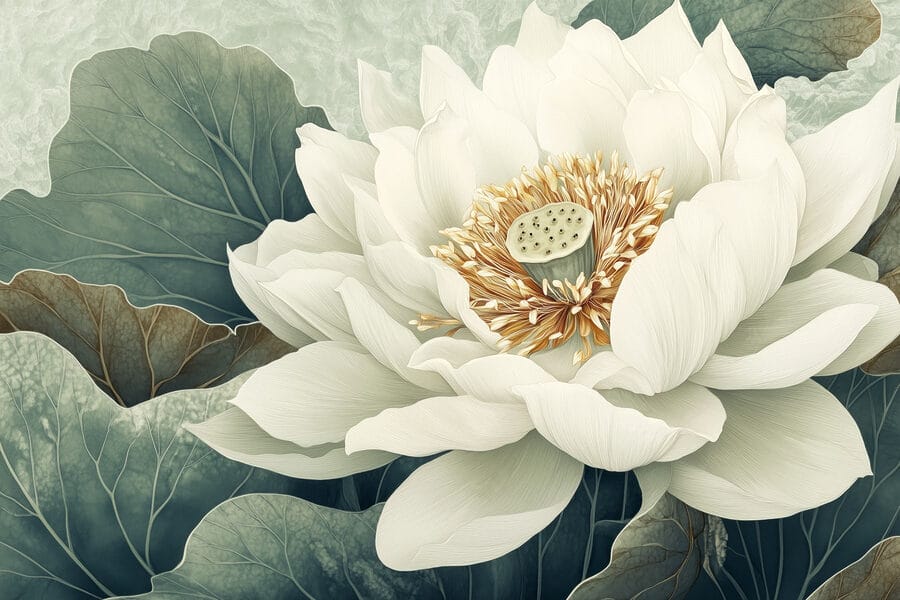 Flor blanca con hojas verdes