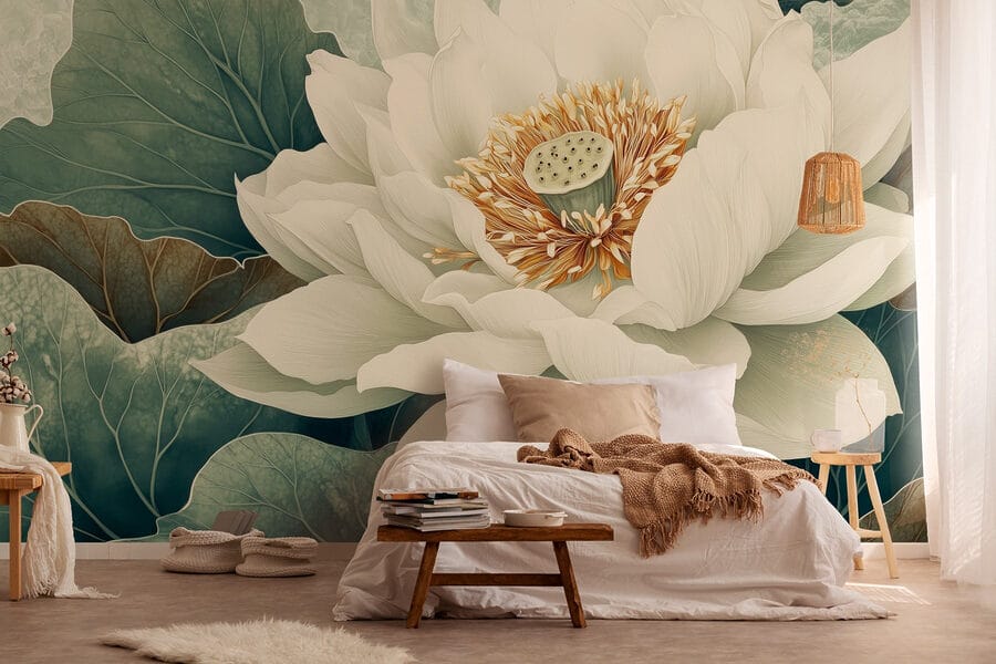 Flor blanca con hojas verdes
