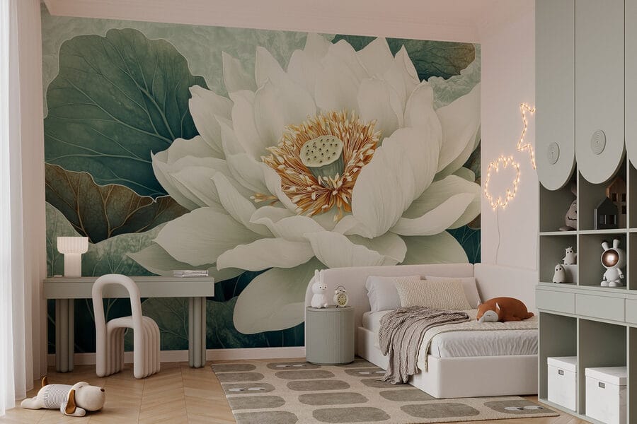 Flor blanca con hojas verdes