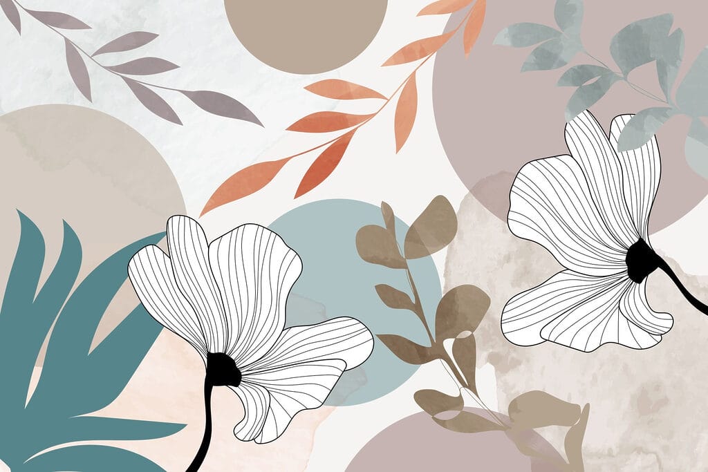 White flowers with brown leaves and blue circles