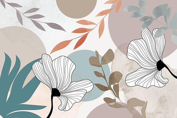 White flowers with brown leaves and blue circles