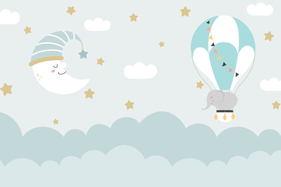 Elefante de dibujos animados y luna en el cielo