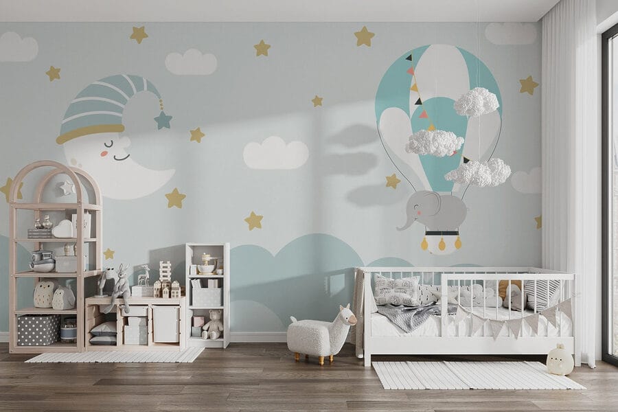 Elefante de dibujos animados y luna en el cielo