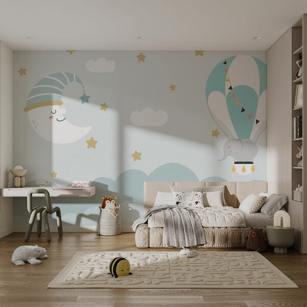 Elefante de dibujos animados y luna en el cielo Elefante de dibujos animados y luna en el cielo