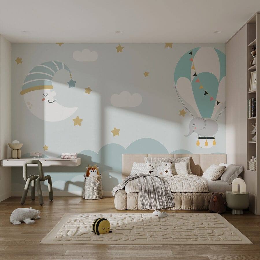 Elefante de dibujos animados y luna en el cielo
