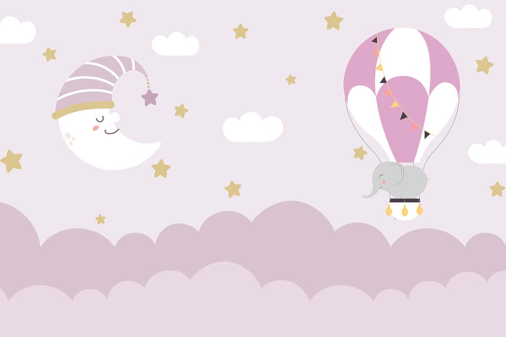 Elefante y luna de dibujos animados en un globo Elefante y luna de dibujos animados en un globo