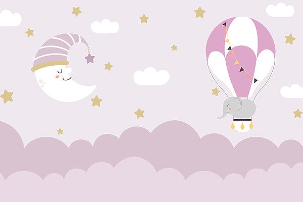 Elefante y luna de dibujos animados en un globo Elefante y luna de dibujos animados en un globo