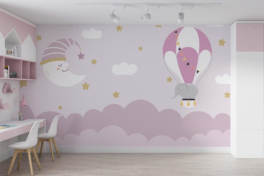 Elefante y luna de dibujos animados en un globo