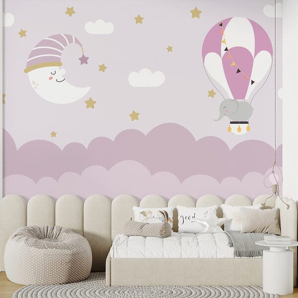 Elefante y luna de dibujos animados en un globo Elefante y luna de dibujos animados en un globo