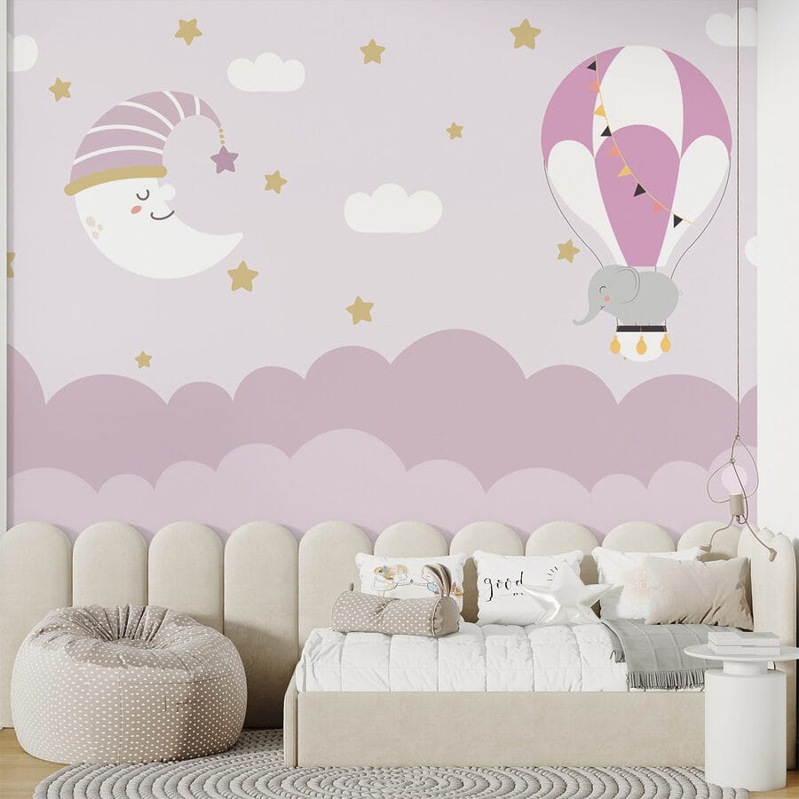 Elefante y luna de dibujos animados en un globo