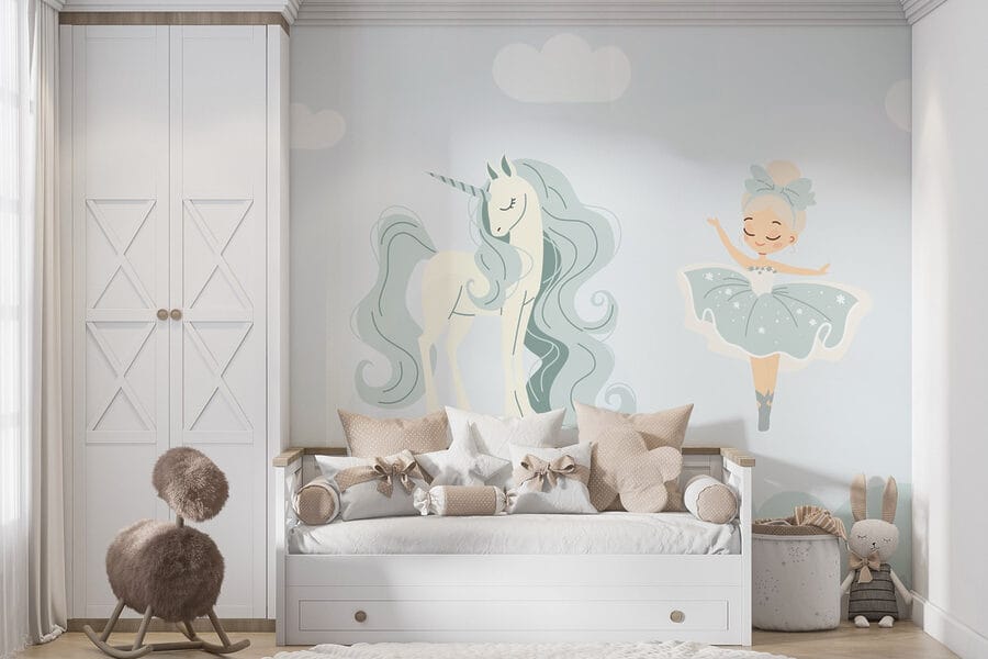 Dibujo animado de una niña y un unicornio