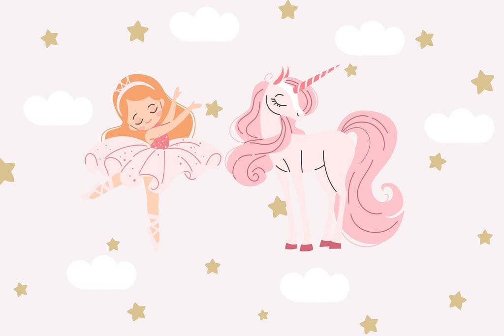 Dibujo animado de una bailarina de ballet y un unicornio Dibujo animado de una bailarina de ballet y un unicornio
