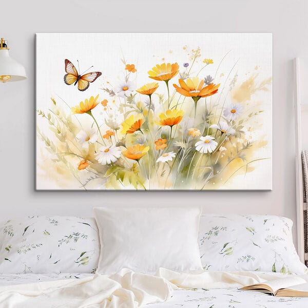 Butterfly flying over a yellow and white flowers Butterfly flying over a yellow and white flowers