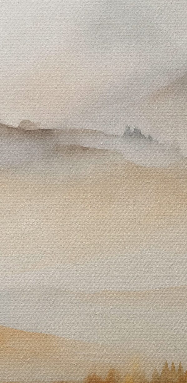 Watercolor painting of trees and mountains