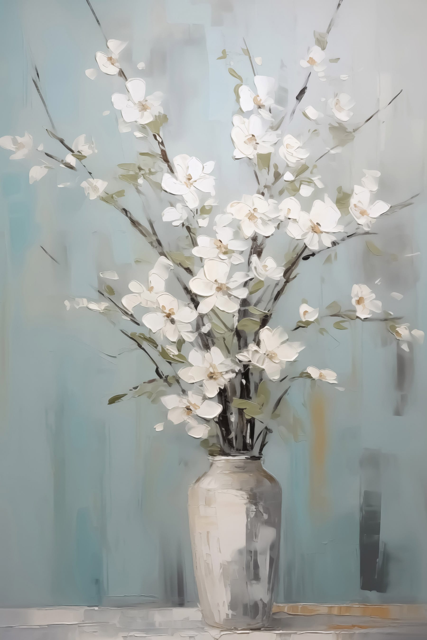 Painting of a vase with white flowers Painting of a vase with white flowers